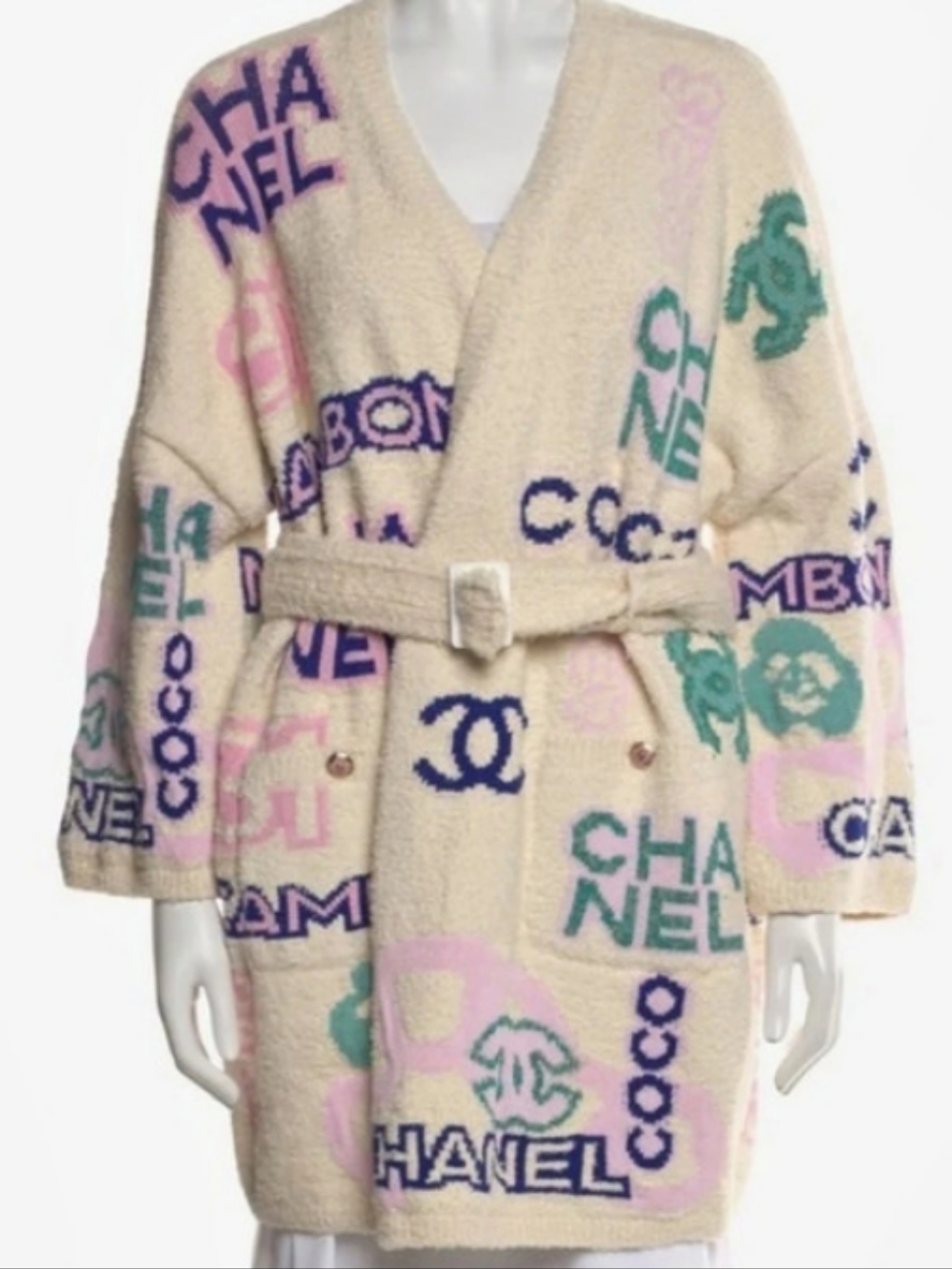 CHANEL Multicolor Graffiti Logo Jacquard Knit Belted Cardigan Authentic